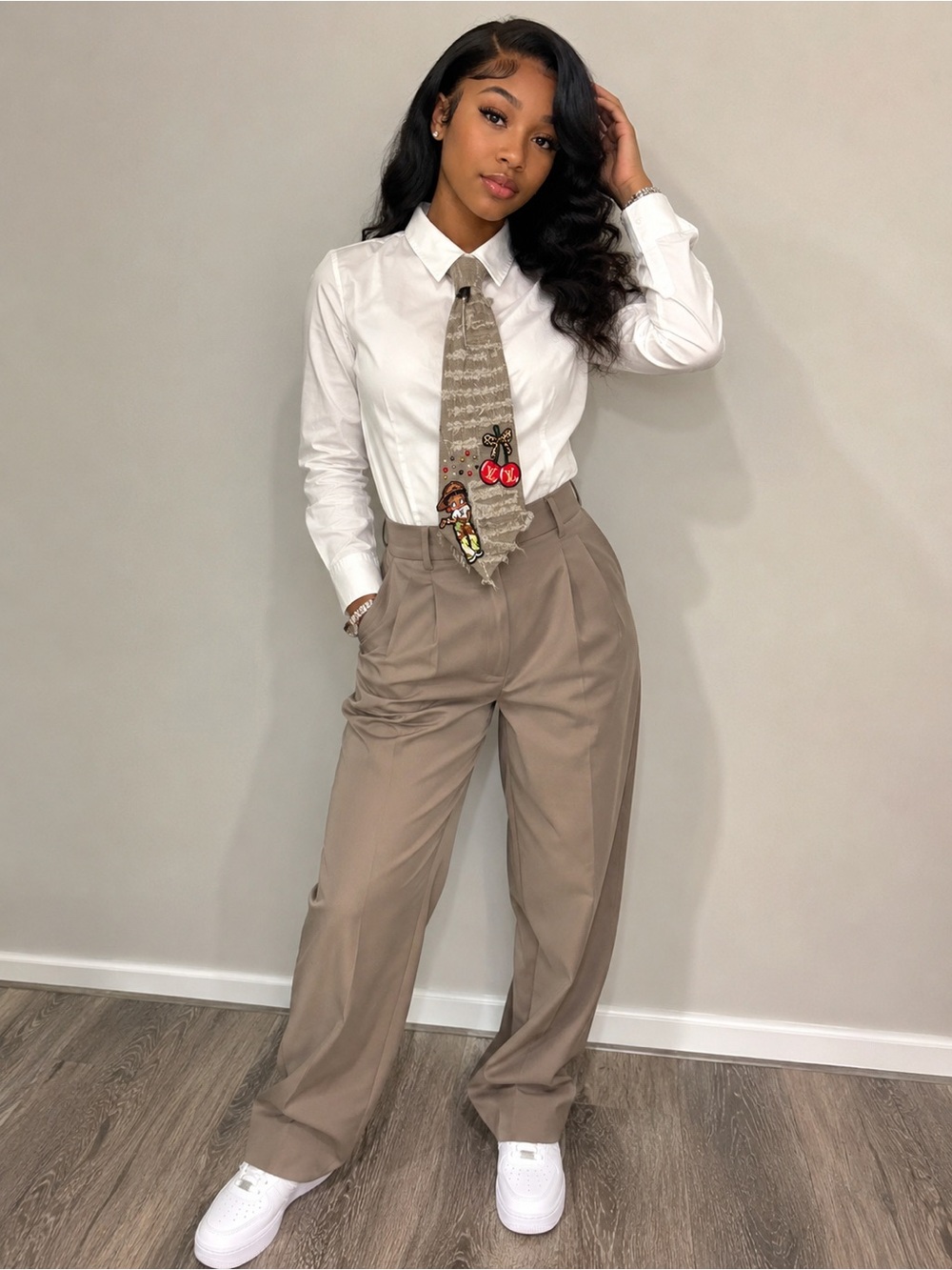 Handcrafted Kids Beige Knit Tie with Decorative Patches